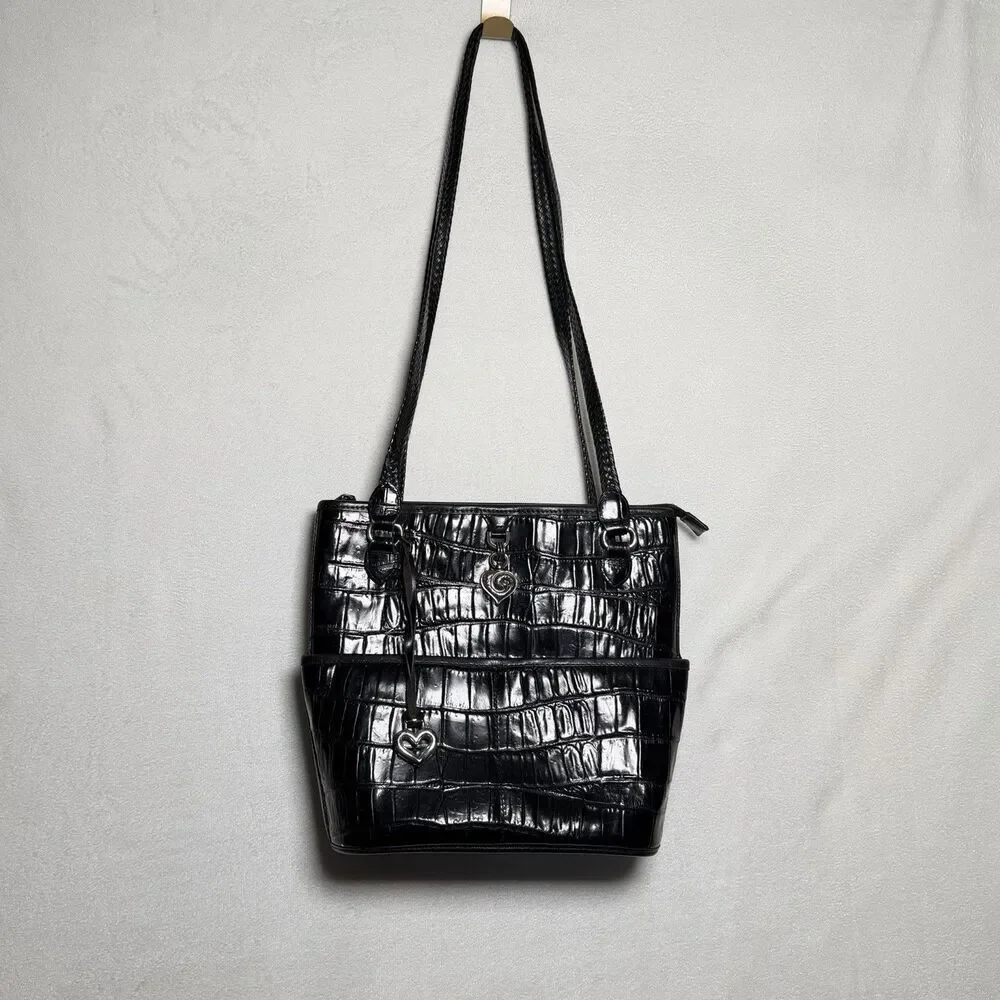 Brighton Black Faux Croc Embossed Shoulder Bag Vintage Plaid Lining Heart Charms